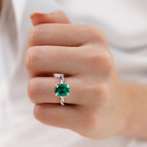 EDEN - Chatham® Oval Emerald & Diamond 18k Rose Gold Vine Solitaire Ring