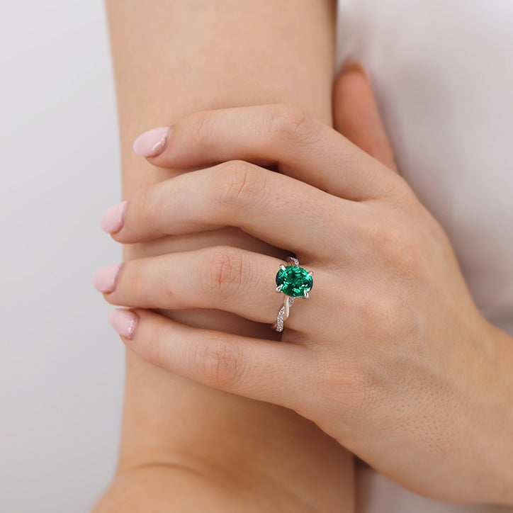 EDEN - Chatham® Oval Emerald & Diamond 18k White Gold Vine Solitaire Ring