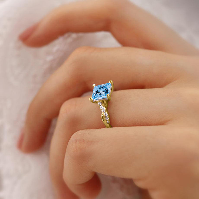 EDEN - Chatham® Princess Aqua Spinel & Diamond 18k Yellow Gold Vine Solitaire Ring