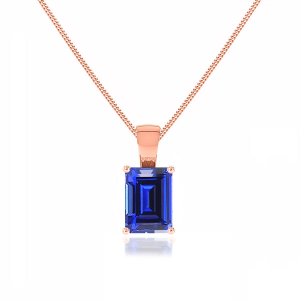 ELIZA - Emerald Cut Blue Sapphire 4 Claw Drop Pendant 18k Rose Gold Pendant Lily Arkwright