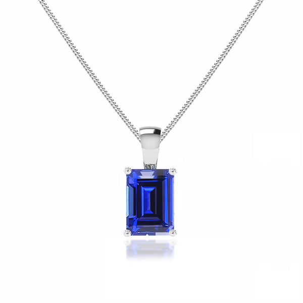 ELIZA - Emerald Cut Blue Sapphire 4 Claw Drop Pendant 18k White Gold Pendant Lily Arkwright
