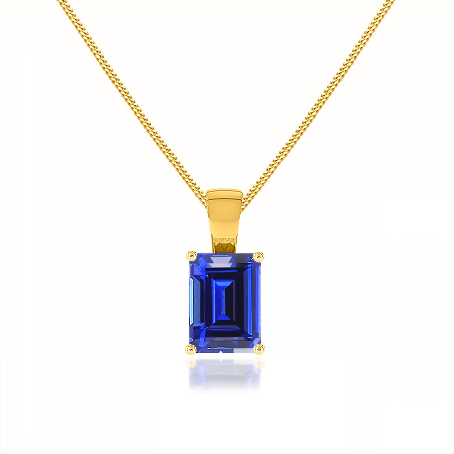 ELIZA Emerald Cut Blue Sapphire Claw Drop Pendant 18k Yellow