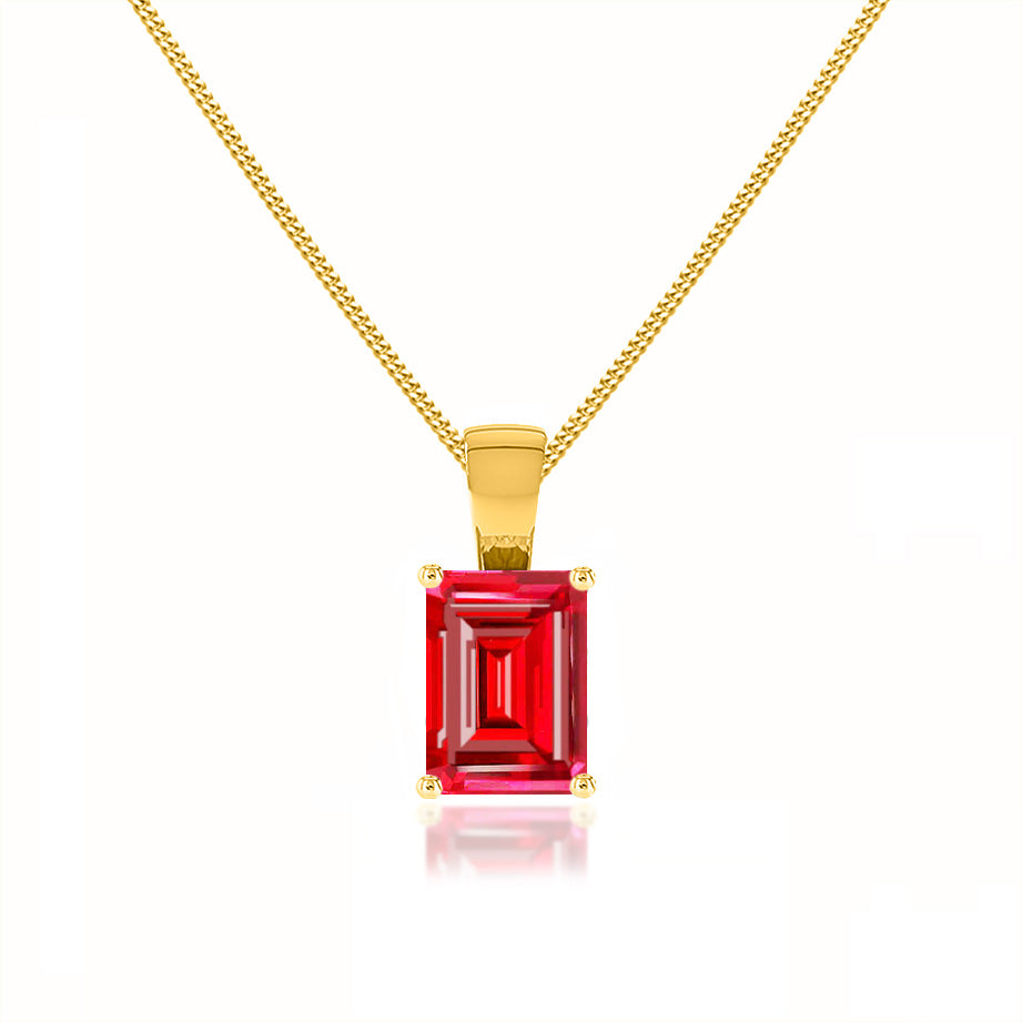 ELIZA - Emerald Cut Ruby 4 Claw Drop Pendant 18k Yellow Gold – Lily ...