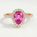 Harlow halo engagement ring in 18k rose gold with a pear-shaped pink lab-grown sapphire centre stone and diamond accents, front view.