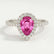 Harlow halo engagement ring in 18k white gold with a pear-shaped pink lab-grown sapphire centre stone and diamond accents, front view.