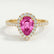 Harlow halo engagement ring in 18k yellow gold with a pear-shaped pink lab-grown sapphire centre stone and diamond accents, front view.