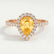 Harlow halo engagement ring in 18k rose gold with a pear-shaped yellow lab-grown sapphire centre stone and diamond accents, front view.