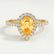 Harlow halo engagement ring with a pear-shaped yellow lab-grown sapphire centre stone and diamond accents, detail view.