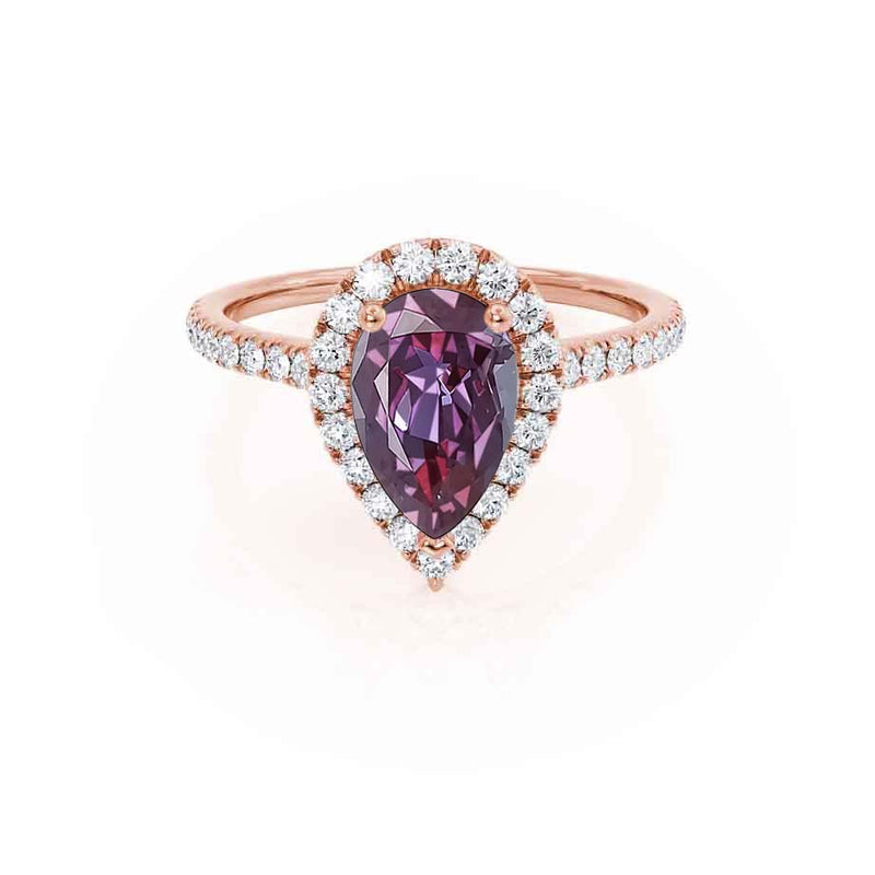HARLOW - Pear Alexandrite & Diamond 18k Rose Gold Halo Engagement Ring Lily Arkwright