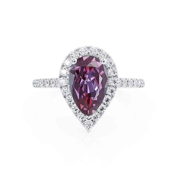 HARLOW - Pear Alexandrite & Diamond 18k White Gold Halo Engagement Ring Lily Arkwright