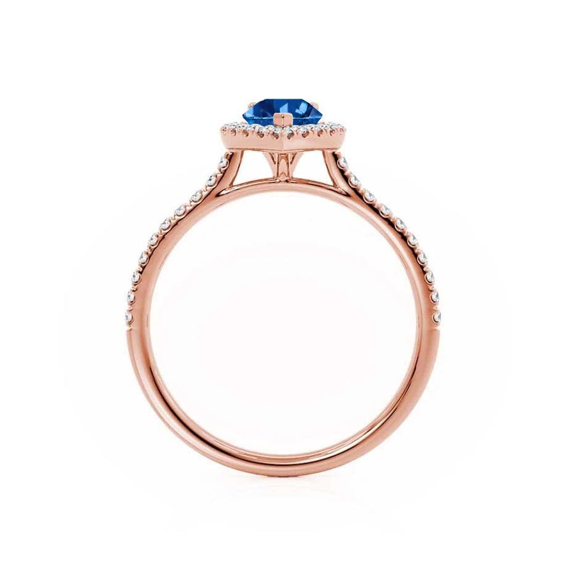 HARLOW - Pear Blue Sapphire & Diamond 18k Rose Gold Halo Engagement Ring Lily Arkwright