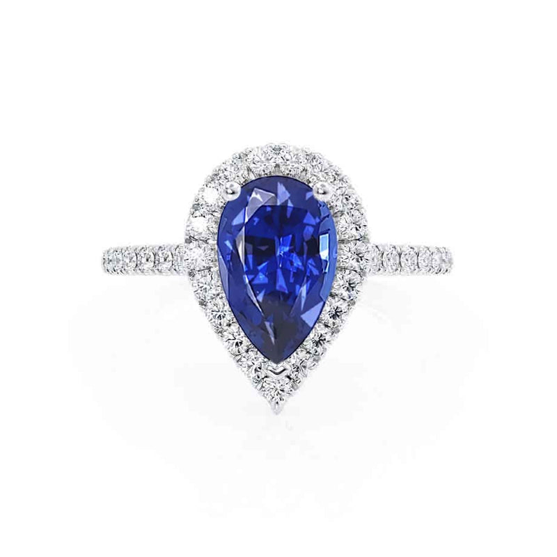 HARLOW - Pear Blue Sapphire & Diamond 950 Platinum Halo Engagement Ring Lily Arkwright