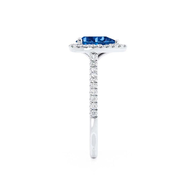 HARLOW - Pear Blue Sapphire & Diamond 18k White Gold Halo Engagement Ring Lily Arkwright