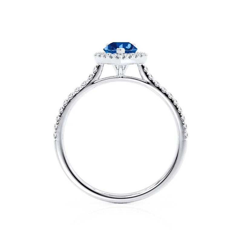 HARLOW - Pear Blue Sapphire & Diamond 18k White Gold Halo Engagement Ring Lily Arkwright