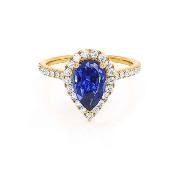HARLOW - Pear Blue Sapphire & Diamond 18k Yellow Gold Halo Engagement Ring Lily Arkwright
