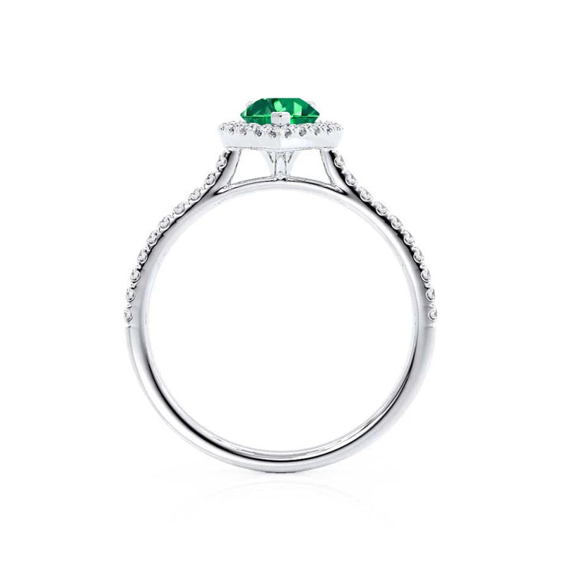 HARLOW - Pear Emerald & Diamond 18k White Gold Halo Engagement Ring Lily Arkwright