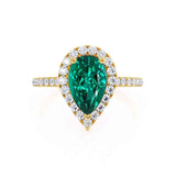 HARLOW - Pear Emerald & Diamond 18k Yellow Gold Halo Engagement Ring Lily Arkwright