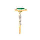 HARLOW - Pear Emerald & Diamond 18k Yellow Gold Halo Engagement Ring Lily Arkwright