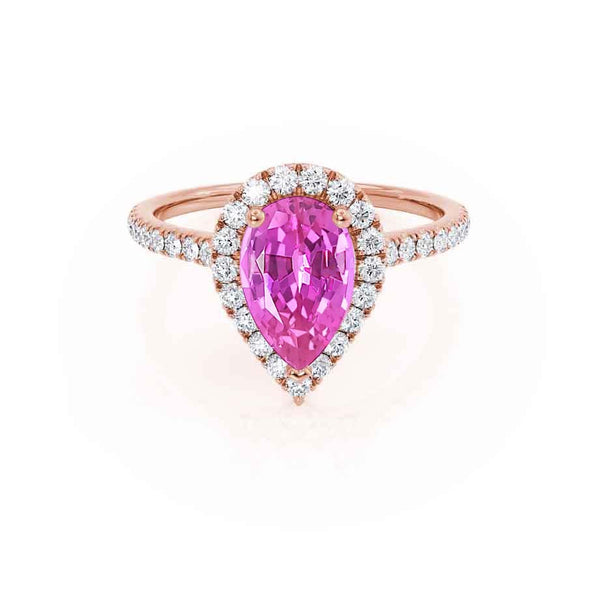 HARLOW - Pear Pink Sapphire & Diamond 18k Rose Gold Halo Engagement Ring Lily Arkwright