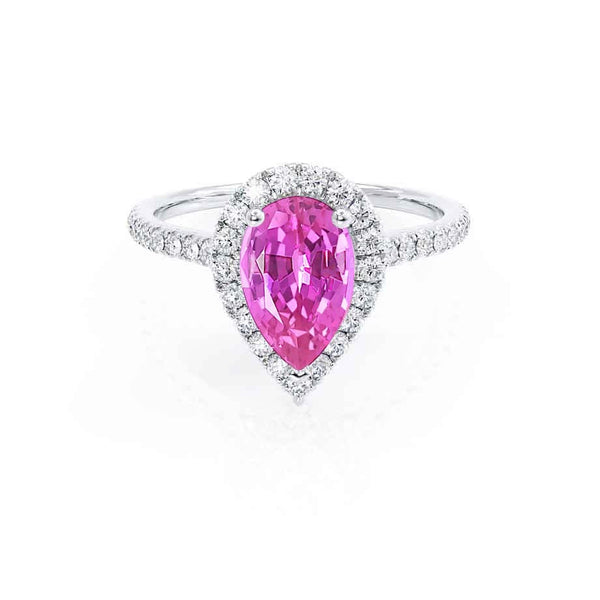 HARLOW - Pear Pink Sapphire & Diamond 950 Platinum Halo Engagement Ring Lily Arkwright
