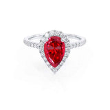 HARLOW - Pear Ruby & Diamond 18k White Gold Halo Engagement Ring Lily Arkwright