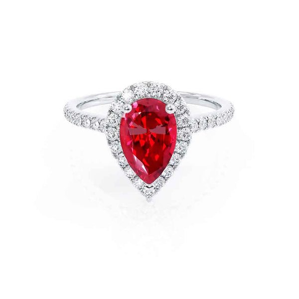HARLOW - Pear Ruby & Diamond 950 Platinum Halo Engagement Ring Lily Arkwright