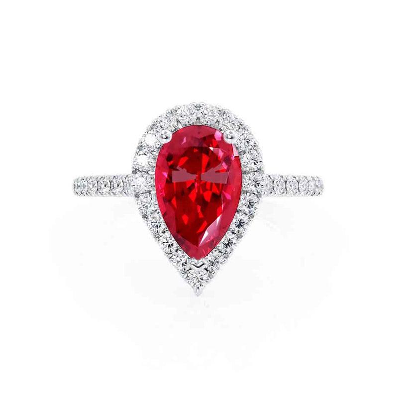 HARLOW - Pear Ruby & Diamond 950 Platinum Halo Engagement Ring Lily Arkwright