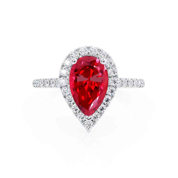 HARLOW - Pear Ruby & Diamond 18k White Gold Halo Engagement Ring Lily Arkwright