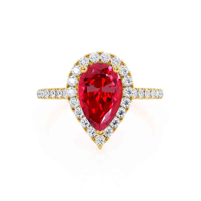 HARLOW - Pear Ruby & Diamond 18k Yellow Gold Halo Engagement Ring Lily Arkwright