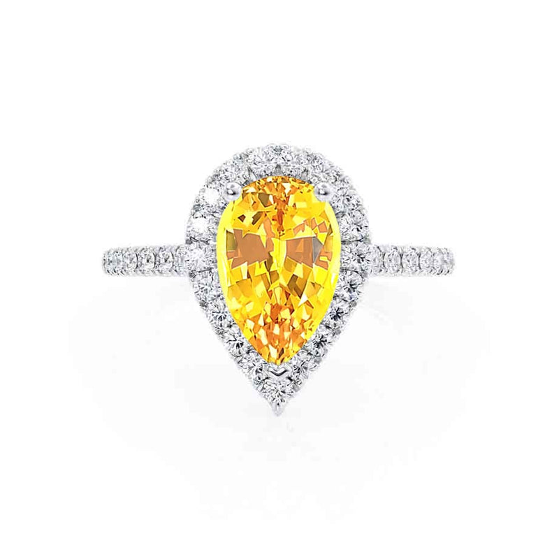 HARLOW - Pear Yellow Sapphire & Diamond 950 Platinum Halo Engagement Ring Lily Arkwright