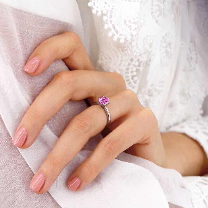 JULIET - Chatham® Round Pink Sapphire Solitaire Engagement Ring 18k Rose Gold