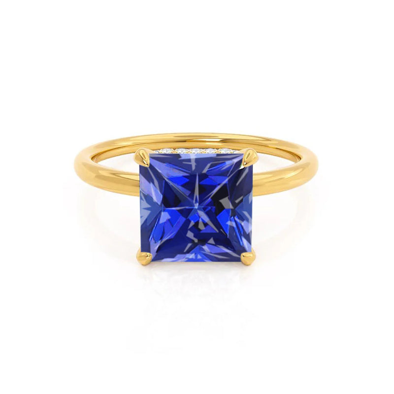 PARIS - Chatham® Princess Blue Sapphire & Diamond 18k Yellow Gold Petite Hidden Halo