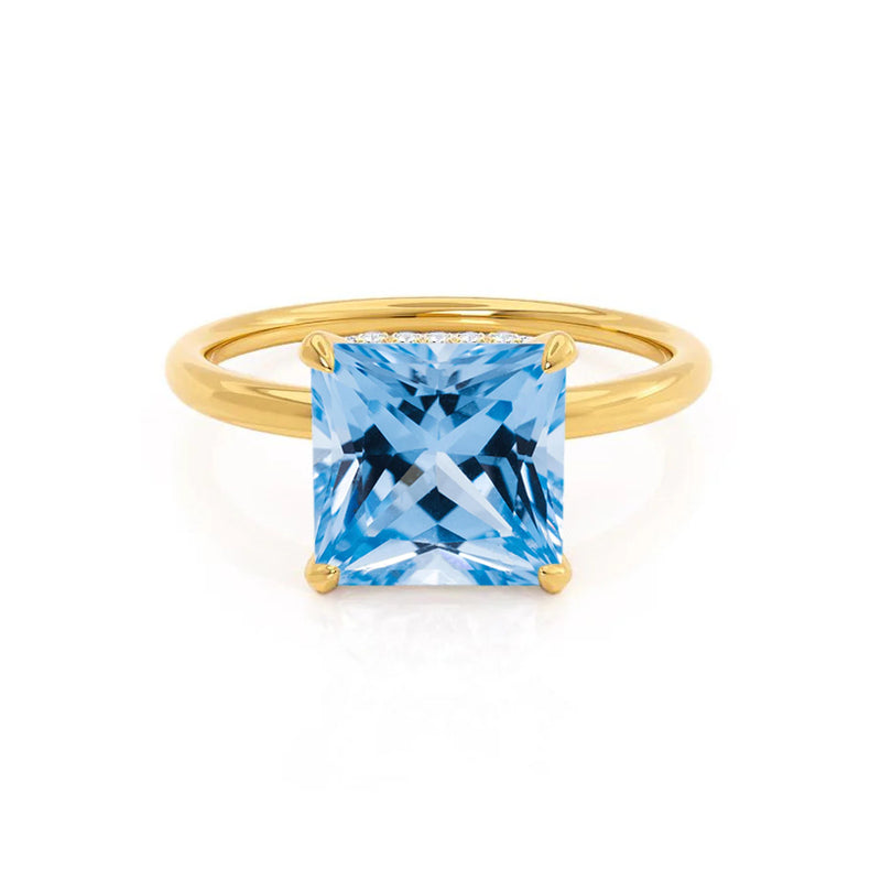 PARIS - Chatham® Princess Aqua Spinel & Diamond 18k Yellow Gold Petite Hidden Halo