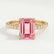 Lively hidden halo engagement ring in 18k yellow gold with an emerald-cut morganite-pink lab-grown sapphire centre stone and diamond accents on a pavé-set band, front view.