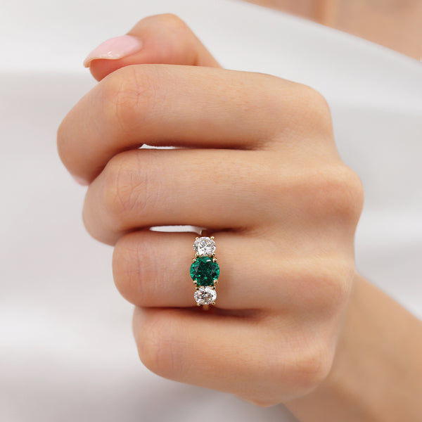 Leanora 1.84tcw 0.44ct-0.96ct-0.44ct Chatham Round Cut Emerald 18k Yellow Gold Trilogy Ring Lily Arkwrigh