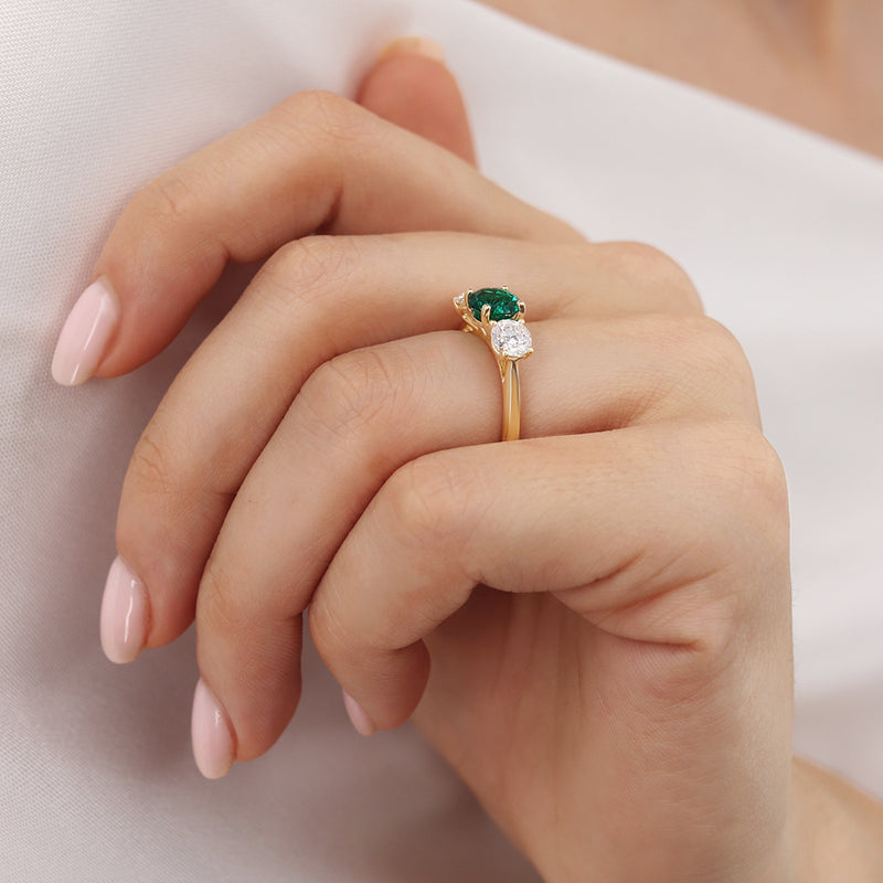 Leanora 1.84tcw 0.44ct-0.96ct-0.44ct Chatham Round Cut Emerald 18k Yellow Gold Trilogy Ring Lily Arkwright 