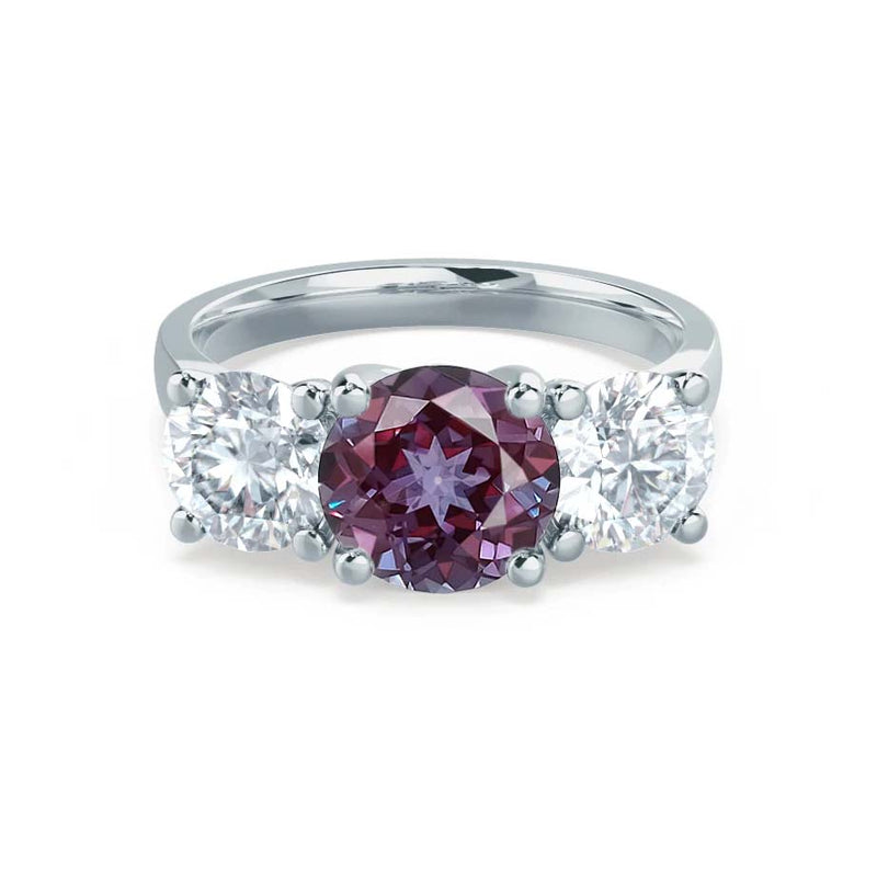 LEANORA - Round Alexandrite 950 Platinum Trilogy Engagement Ring Lily Arkwright