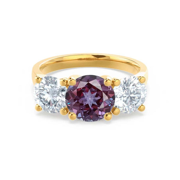 LEANORA - Round Alexandrite 18k Yellow Gold Trilogy Engagement Ring Lily Arkwright
