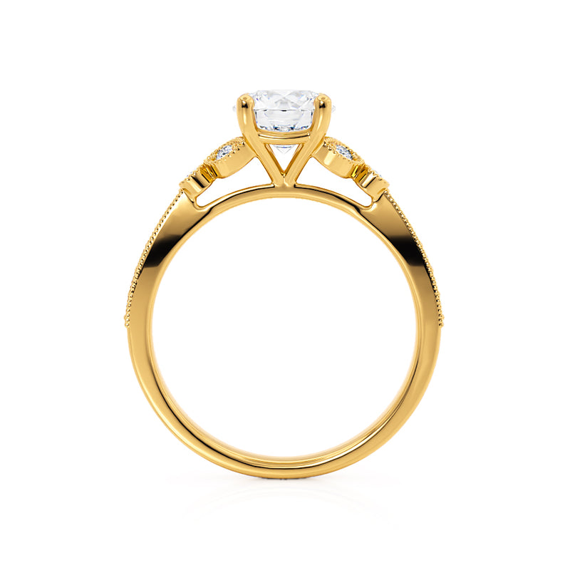 LILIANA - Round Moissanite & Diamond 18k Yellow Gold Shoulder Set Ring