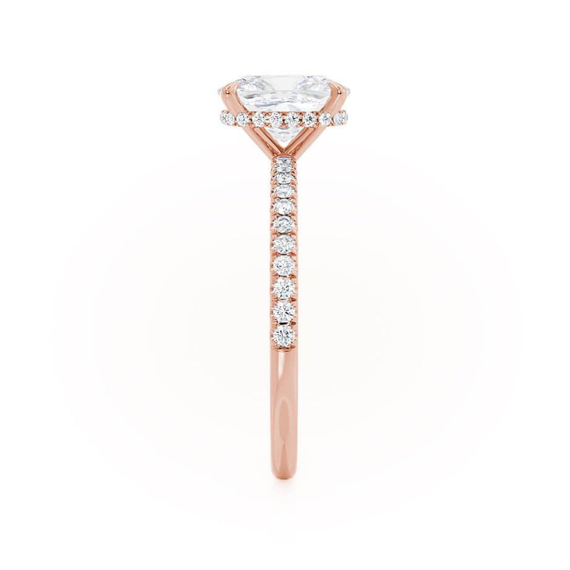 LIVELY - Elongated Cushion Natural Diamond 18k Rose Gold Petite Hidden Halo Pavé Shoulder Set Engagement Ring Lily Arkwright