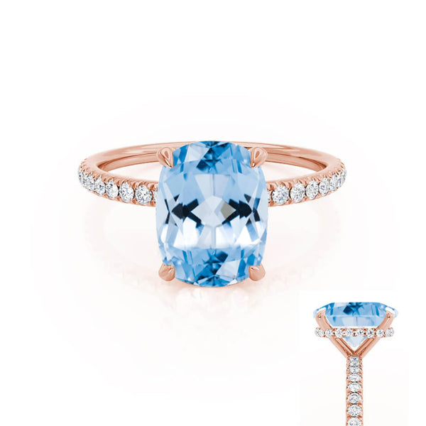 LIVELY - Chatham® Elongated Cushion Aqua Spinel 18k Rose Gold Petite Hidden Halo Pavé Shoulder Set Ring