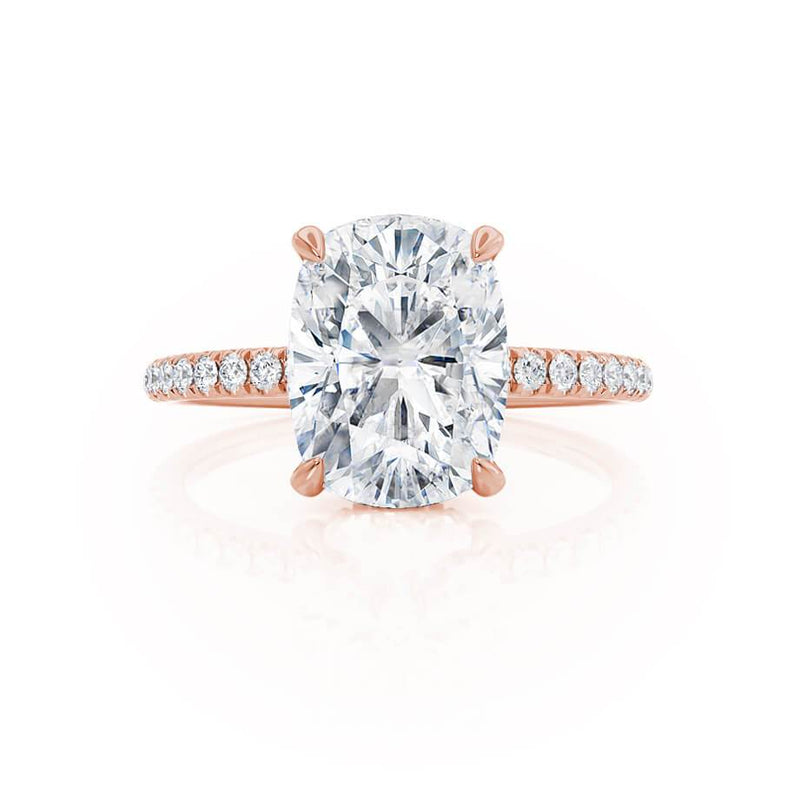 LIVELY - Elongated Cushion Natural Diamond 18k Rose Gold Petite Hidden Halo Pavé Shoulder Set Engagement Ring Lily Arkwright