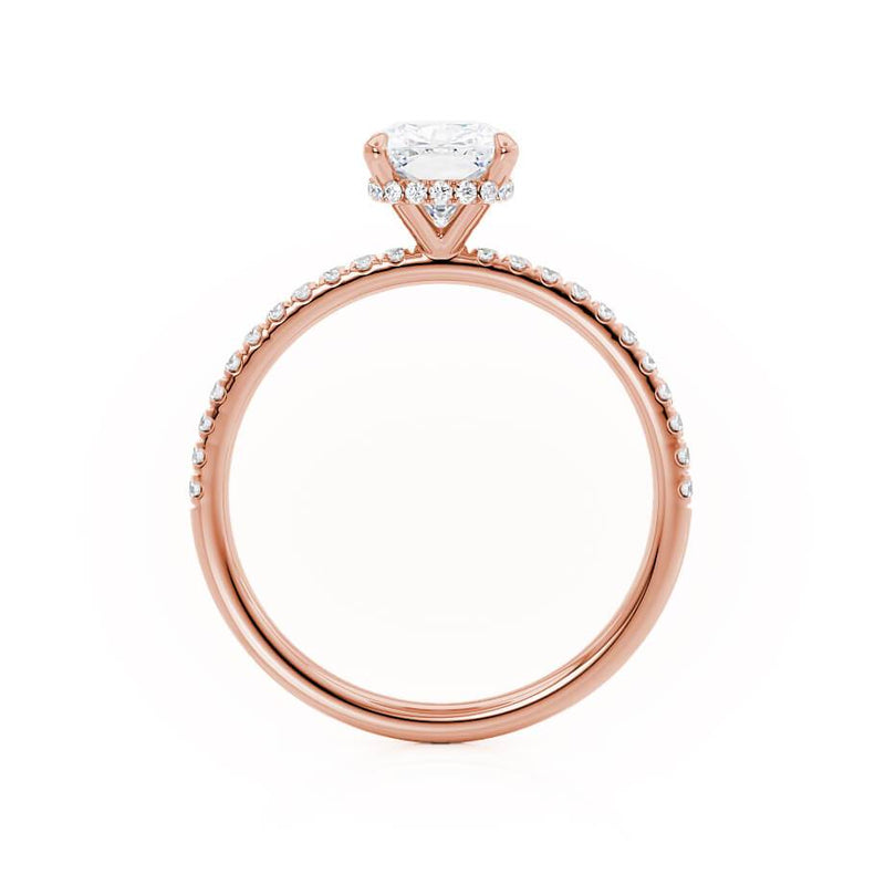 LIVELY - Elongated Cushion Natural Diamond 18k Rose Gold Petite Hidden Halo Pavé Shoulder Set Engagement Ring Lily Arkwright