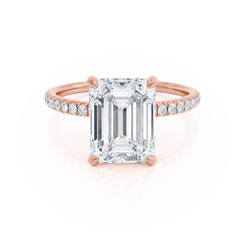 LIVELY - Emerald Natural Diamond 18k Rose Gold Hidden Halo Micro Pavé Shoulder Set Engagement Ring Lily Arkwright