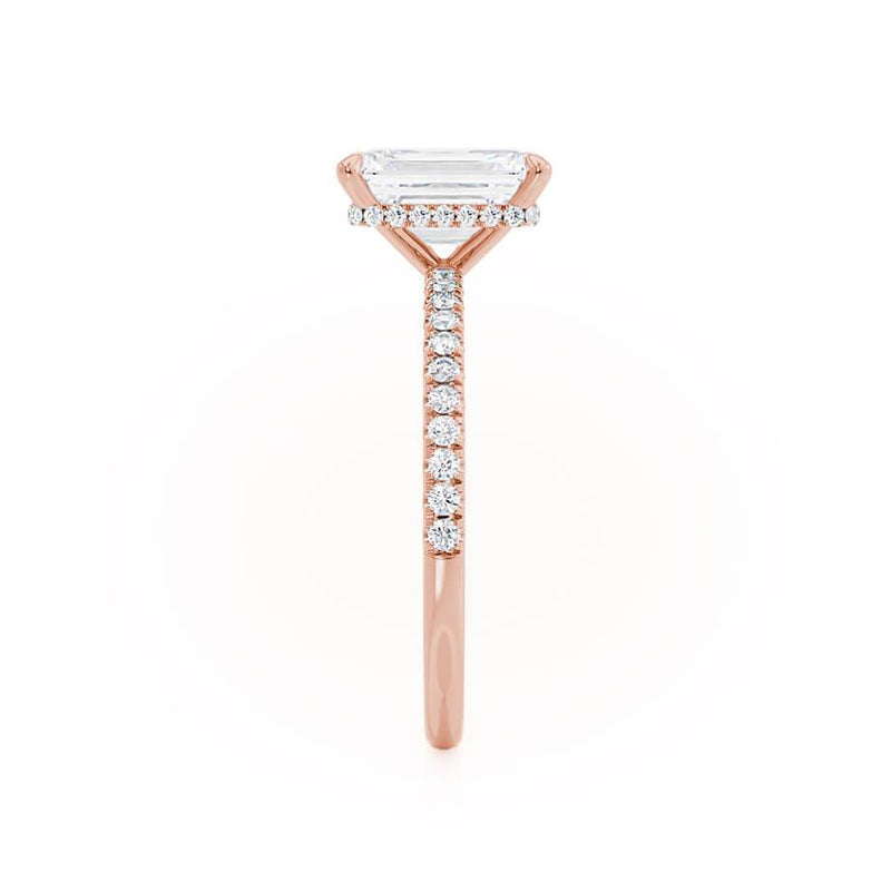 LIVELY - Emerald Natural Diamond 18k Rose Gold Hidden Halo Micro Pavé Shoulder Set Engagement Ring Lily Arkwright