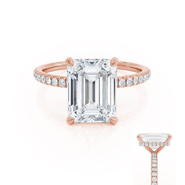 LIVELY - Emerald Natural Diamond 18k Rose Gold Hidden Halo Micro Pavé Shoulder Set Engagement Ring Lily Arkwright