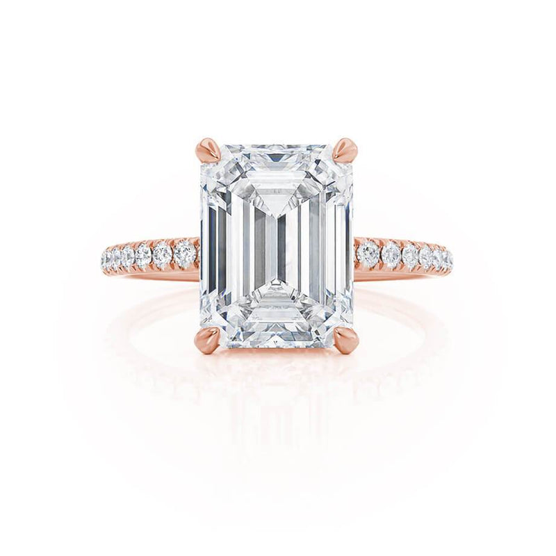 LIVELY - Emerald Natural Diamond 18k Rose Gold Hidden Halo Micro Pavé Shoulder Set Engagement Ring Lily Arkwright