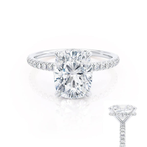 LIVELY - Elongated Cushion Natural Diamond Platinum Petite Hidden Halo Pavé Shoulder Set Engagement Ring Lily Arkwright