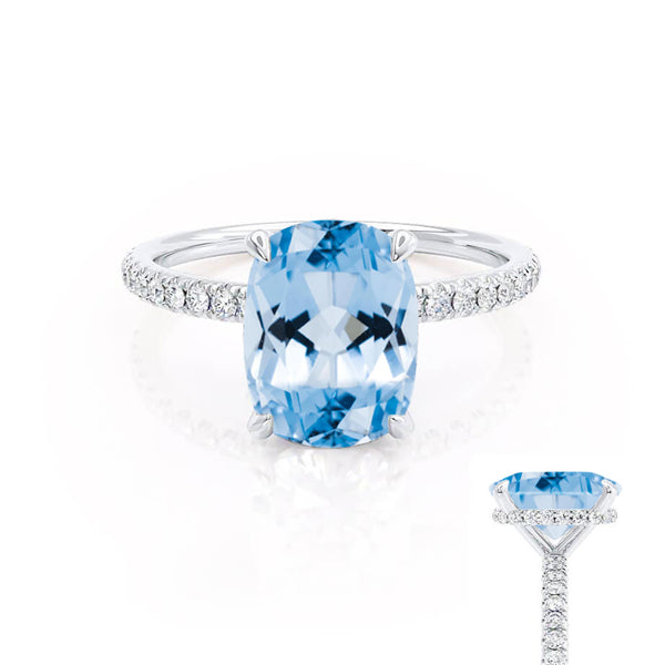 LIVELY - Chatham® Elongated Cushion Aqua Spinel 18k White Gold Petite Hidden Halo Pavé Shoulder Set Ring