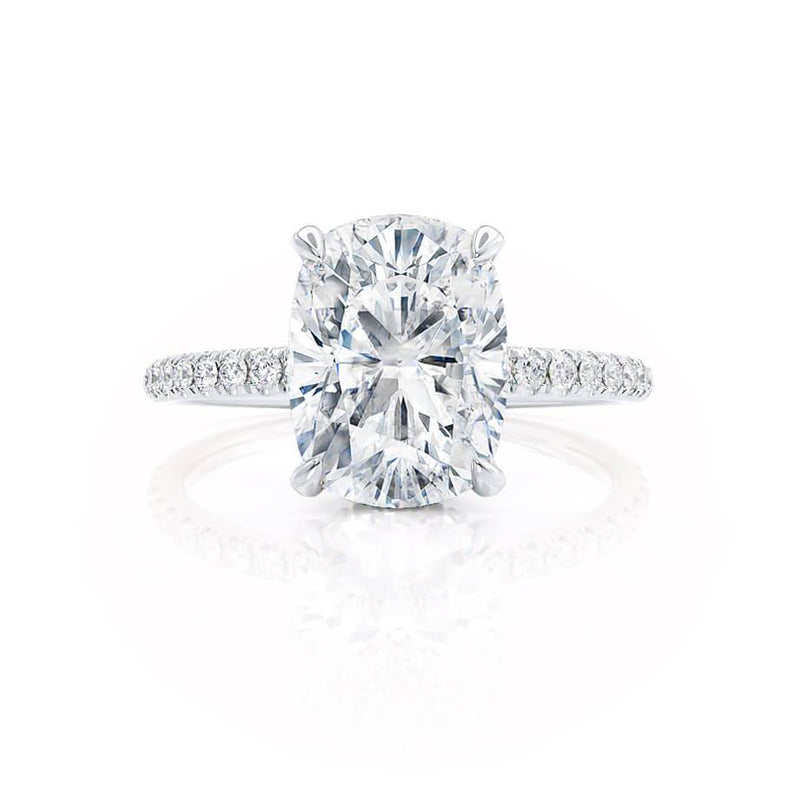 LIVELY - Elongated Cushion Natural Diamond Platinum Petite Hidden Halo Pavé Shoulder Set Engagement Ring Lily Arkwright